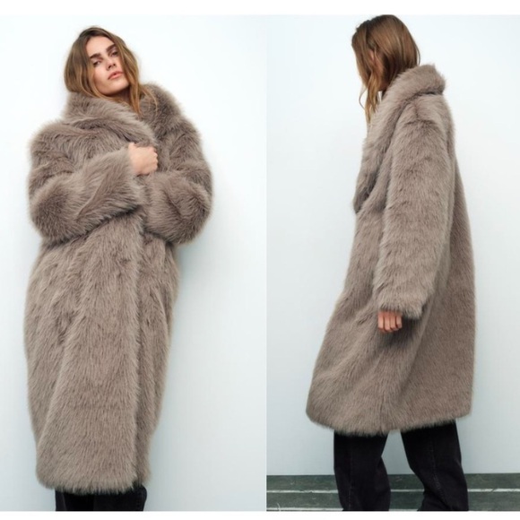 ZARA TAUPE GRAY LONG FAUX FUR COAT - Picture 11 of 16